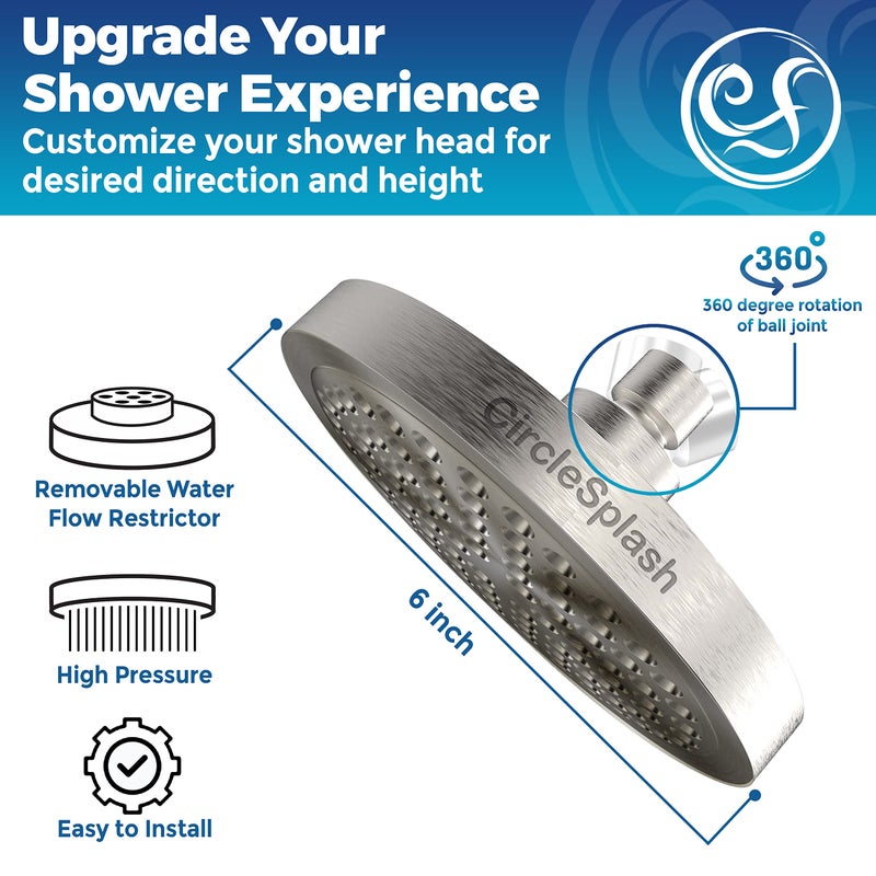 CircleSplash High Pressure Shower Head - Anti-Clogging Silicone Nozzles - 2.5 GPM Removable Restrictor - Easy to Clean Adjustable Replacement - easy to install with Plumbers Tape - 6 inch - Brushed Nickel Finish - Image 2